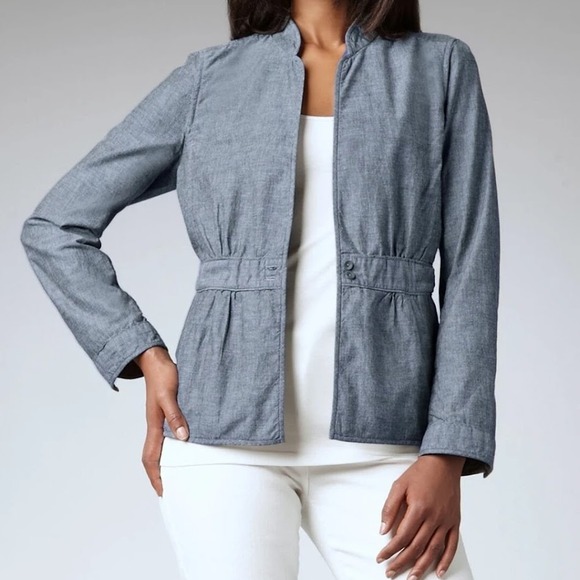 Eileen Fisher Women's Size M Blue Chambray 2 Button Jacket Peplum Stand Collar - Picture 1 of 10